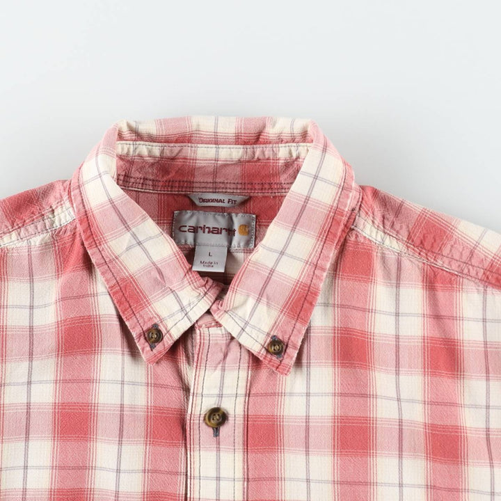 Carhartt ORIGINAL FIT Check Pattern Button-Down Short-Sleeve Work Shirt (Men's Size L) cotton burgundy type Vintage Second Hand