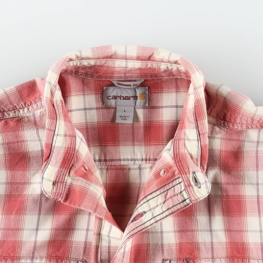 Carhartt ORIGINAL FIT Check Pattern Button-Down Short-Sleeve Work Shirt (Men's Size L) cotton burgundy type Vintage Second Hand