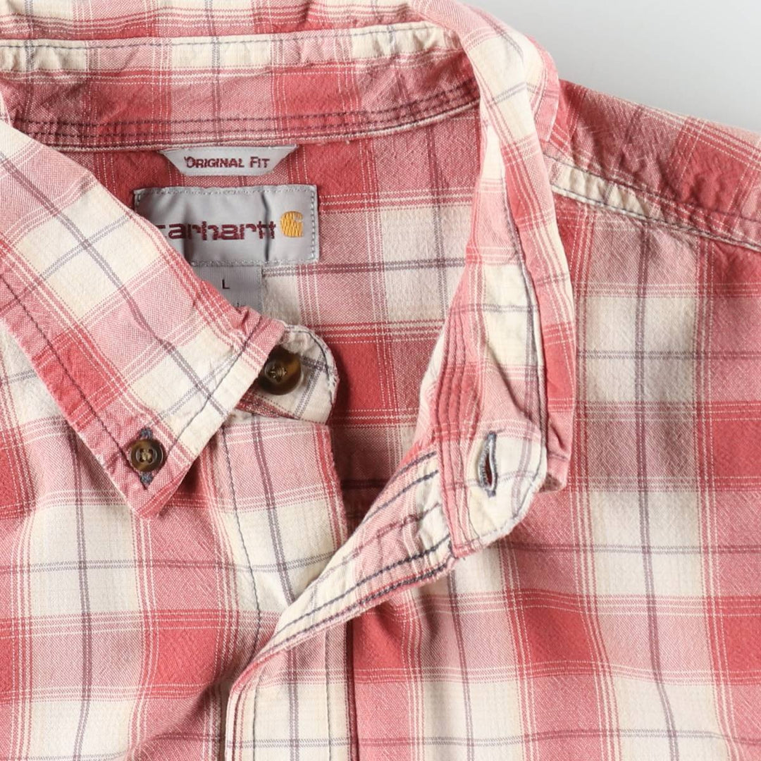 Carhartt ORIGINAL FIT Check Pattern Button-Down Short-Sleeve Work Shirt (Men's Size L) cotton burgundy type Vintage Second Hand