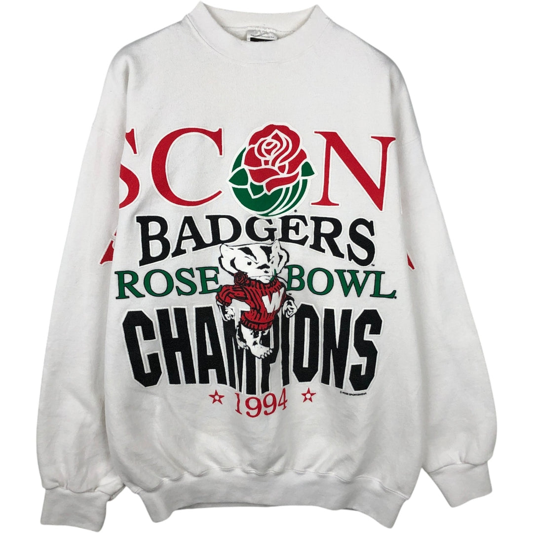 90'S Tultex University of Wisconsin Large Print College Character Sweatshirt, Made in USA cotton white type Vintage Second Hand