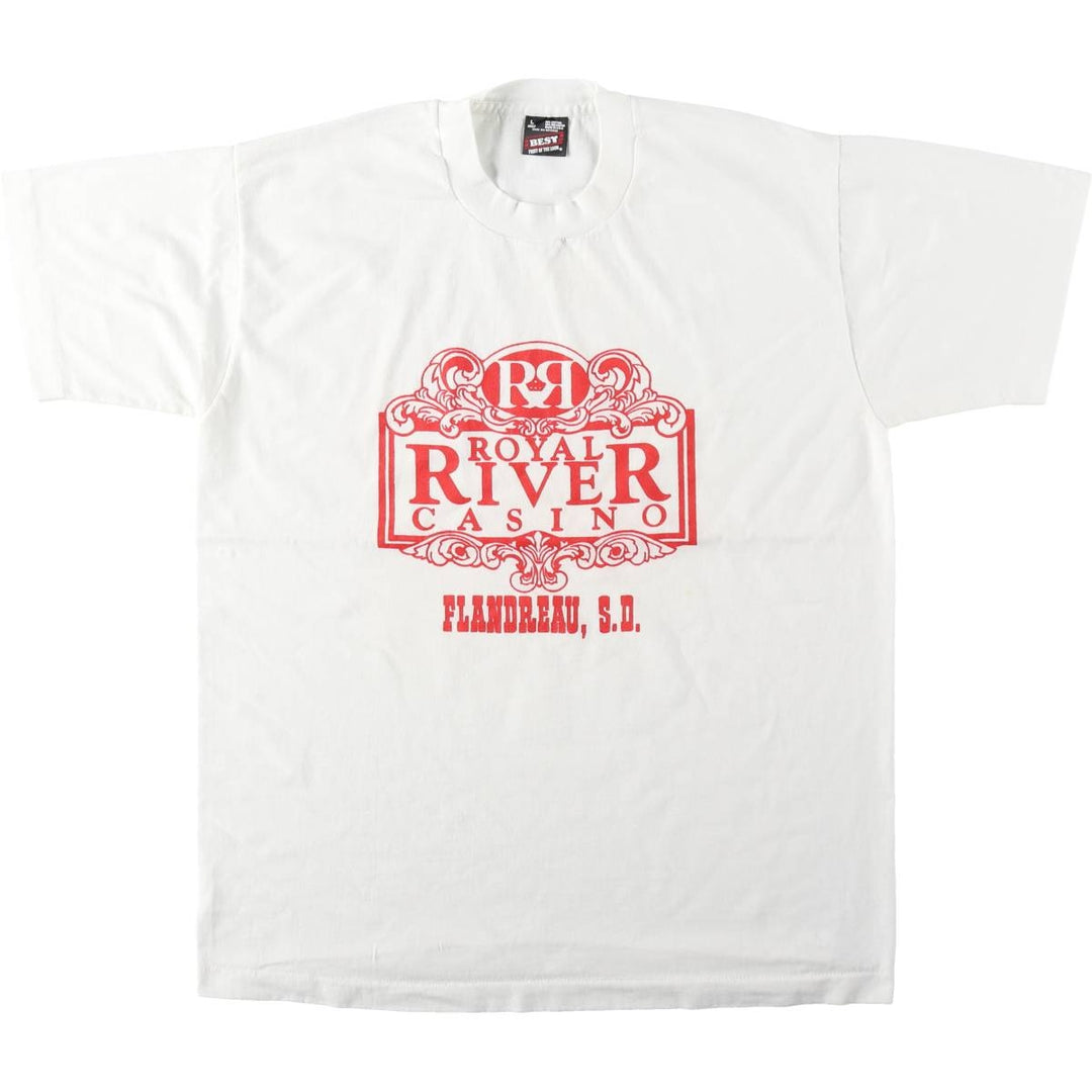 90'S Fruit of the Loom BEST Royal River Casino + Hotel advertising T-shirt, Made in USA, Men's size L equivalent, Vintage cotton white type Vintage Second Hand