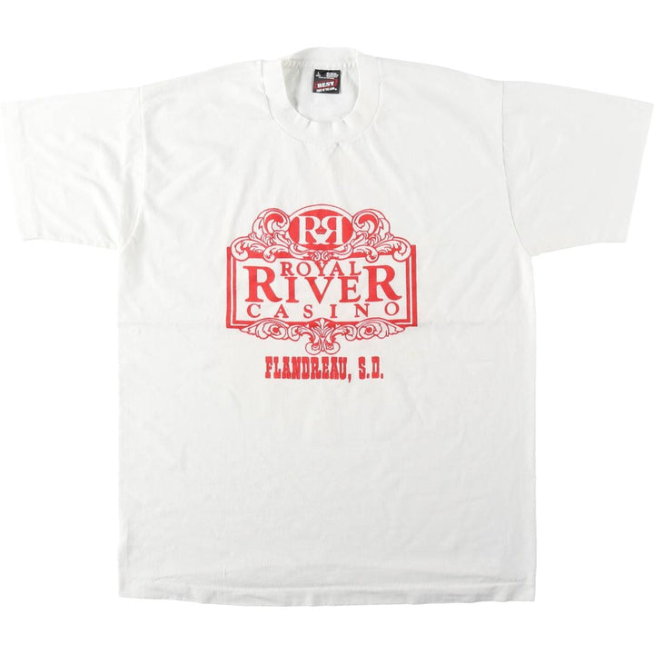 90'S Fruit of the Loom BEST Royal River Casino + Hotel advertising T-shirt, Made in USA, Men's size L equivalent, Vintage cotton white type Vintage Second Hand