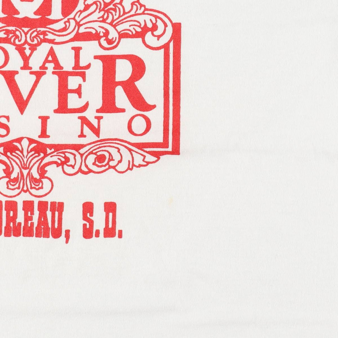 90'S Fruit of the Loom BEST Royal River Casino + Hotel advertising T-shirt, Made in USA, Men's size L equivalent, Vintage cotton white type Vintage Second Hand