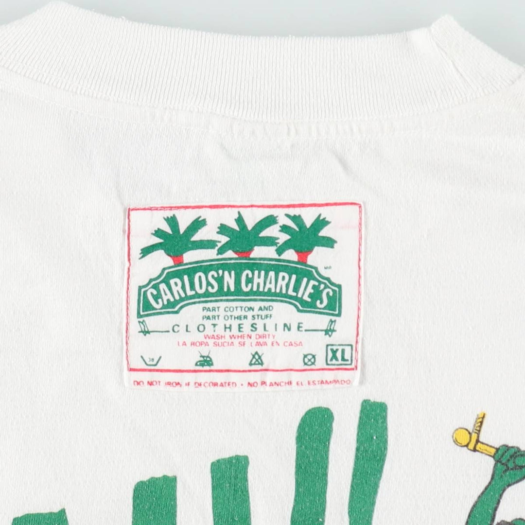 90'S Carlos'n Charlie's CLOTHESLINE Advertising T-Shirt, Men's XL equivalent, Vintage unclear white type Vintage Second Hand