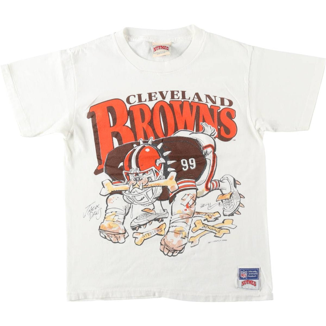 80'S NUTMEG NFL Cleveland Browns sports print T-shirt, Made in USA, Men's size S equivalent, Vintage cotton white type Vintage Second Hand
