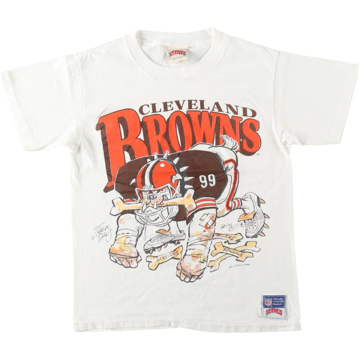 80'S NUTMEG NFL Cleveland Browns sports print T-shirt, Made in USA, Men's size S equivalent, Vintage cotton white type Vintage Second Hand