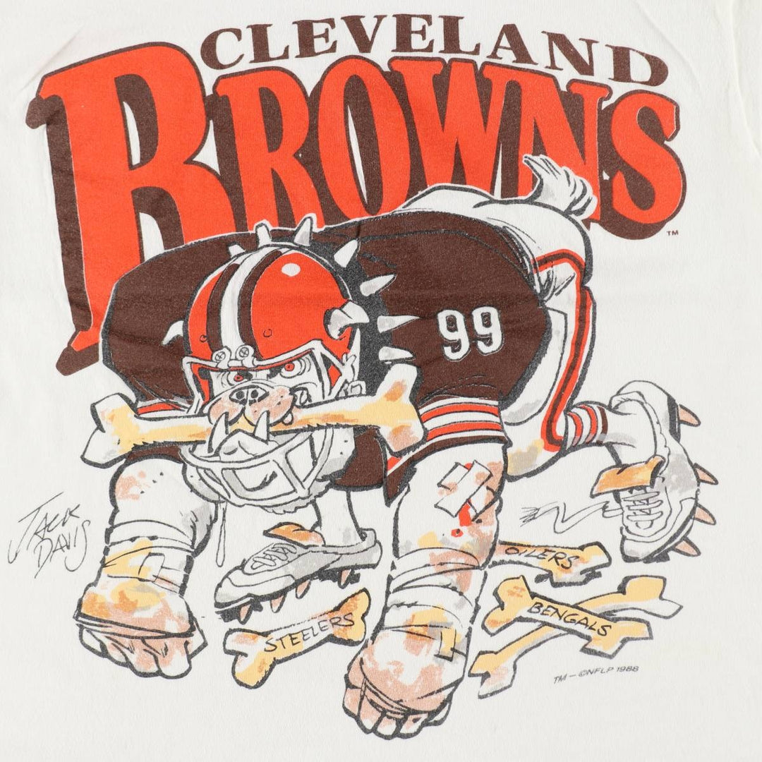 80'S NUTMEG NFL Cleveland Browns sports print T-shirt, Made in USA, Men's size S equivalent, Vintage cotton white type Vintage Second Hand