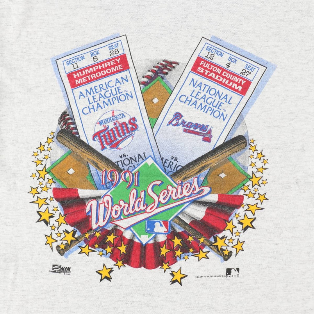 90'S Official Fan World Series 1991 Sports Print T-Shirt, Made in USA, Men's Size L (Equivalent), Vintage cotton gray type Vintage Second Hand