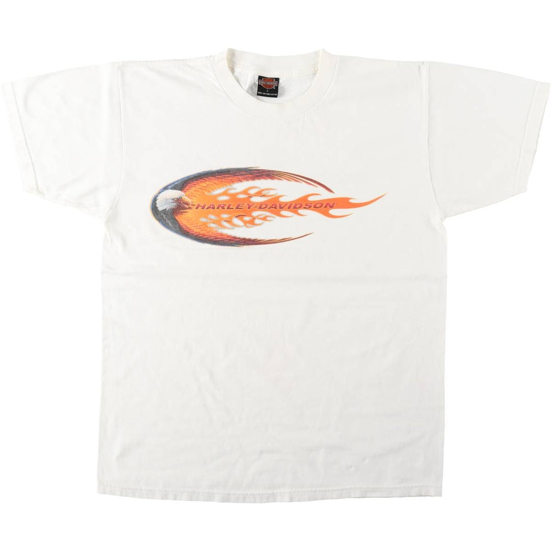 00'S Harley Davidson Eagle Pattern Fire Pattern Motorcycle Bike T-shirt Made in USA Men's L size cotton white type Vintage Second Hand