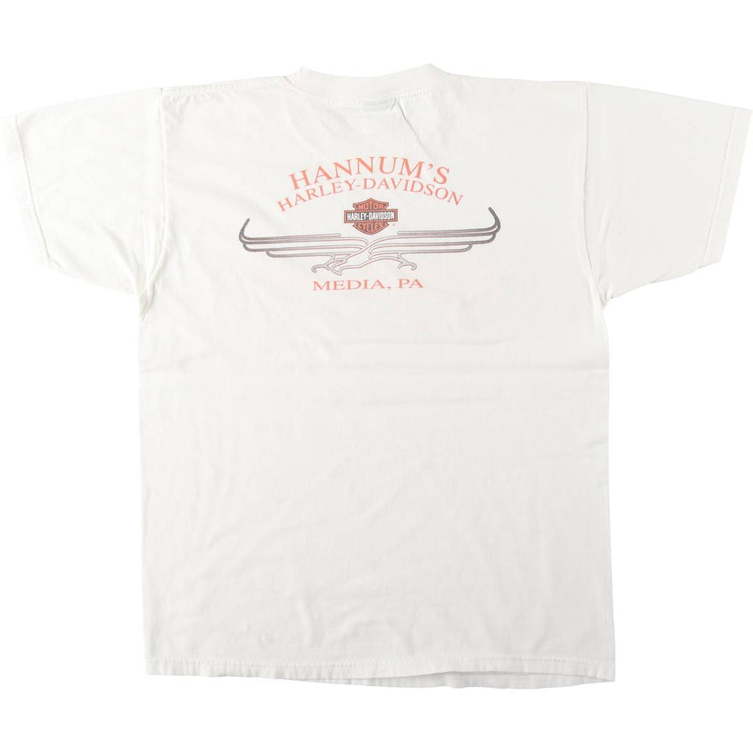 00'S Harley Davidson Eagle Pattern Fire Pattern Motorcycle Bike T-shirt Made in USA Men's L size cotton white type Vintage Second Hand