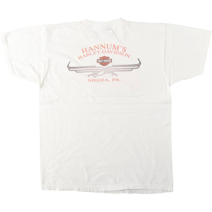 00'S Harley Davidson Eagle Pattern Fire Pattern Motorcycle Bike T-shirt Made in USA Men's L size cotton white type Vintage Second Hand