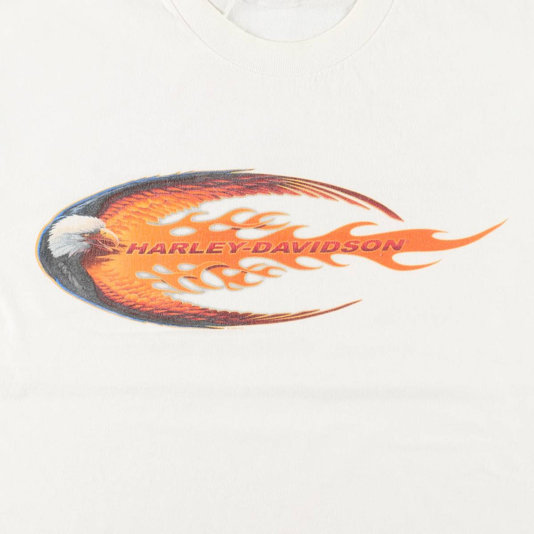 00'S Harley Davidson Eagle Pattern Fire Pattern Motorcycle Bike T-shirt Made in USA Men's L size cotton white type Vintage Second Hand