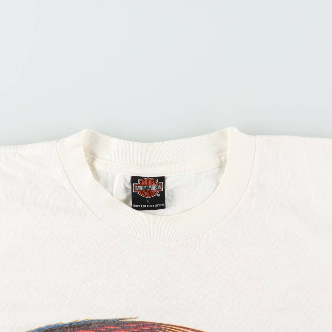 00'S Harley Davidson Eagle Pattern Fire Pattern Motorcycle Bike T-shirt Made in USA Men's L size cotton white type Vintage Second Hand
