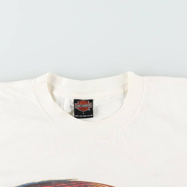 00'S Harley Davidson Eagle Pattern Fire Pattern Motorcycle Bike T-shirt Made in USA Men's L size cotton white type Vintage Second Hand