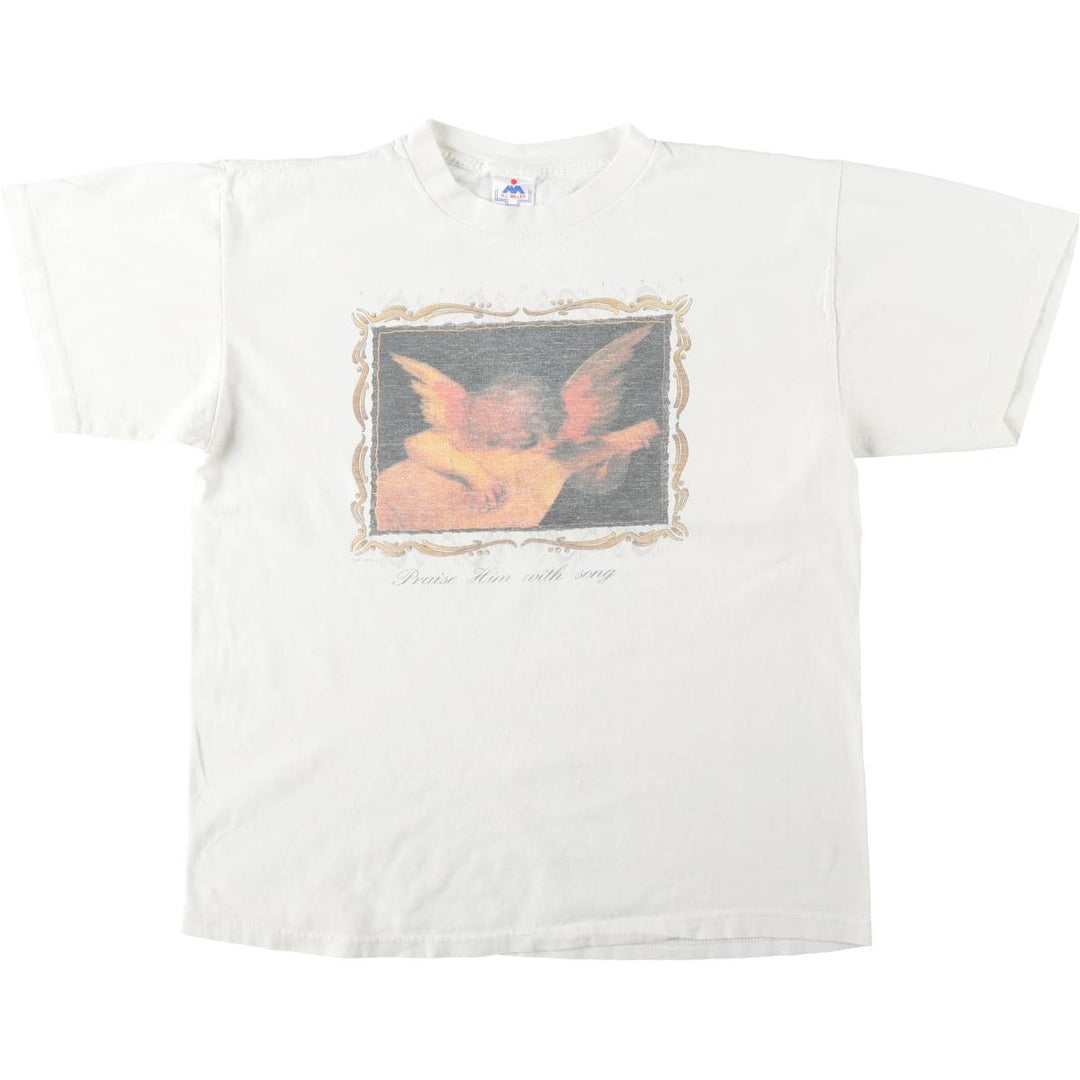90'S HLMiller TOTAL TEE, Angel Playing the Lute, Made in USA, Men's Size L (equivalent), Crew Neck (Round Neck), Vintage cotton white type Vintage Second Hand