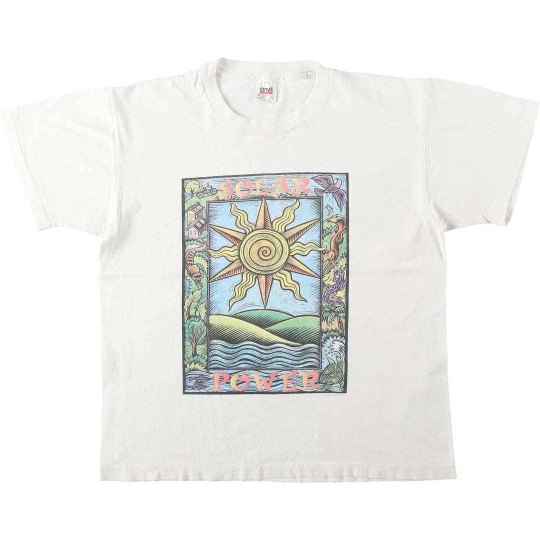 90'S Anvil Solar Power Print T-Shirt, Made in USA, Men's Size L (Equivalent), Vintage cotton white type Vintage Second Hand
