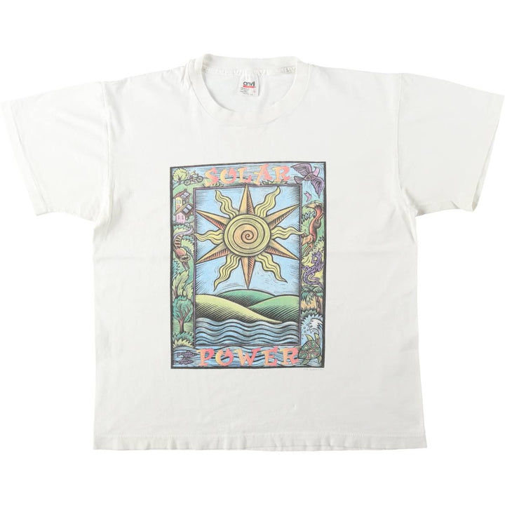90'S Anvil Solar Power Print T-Shirt, Made in USA, Men's Size L (Equivalent), Vintage cotton white type Vintage Second Hand