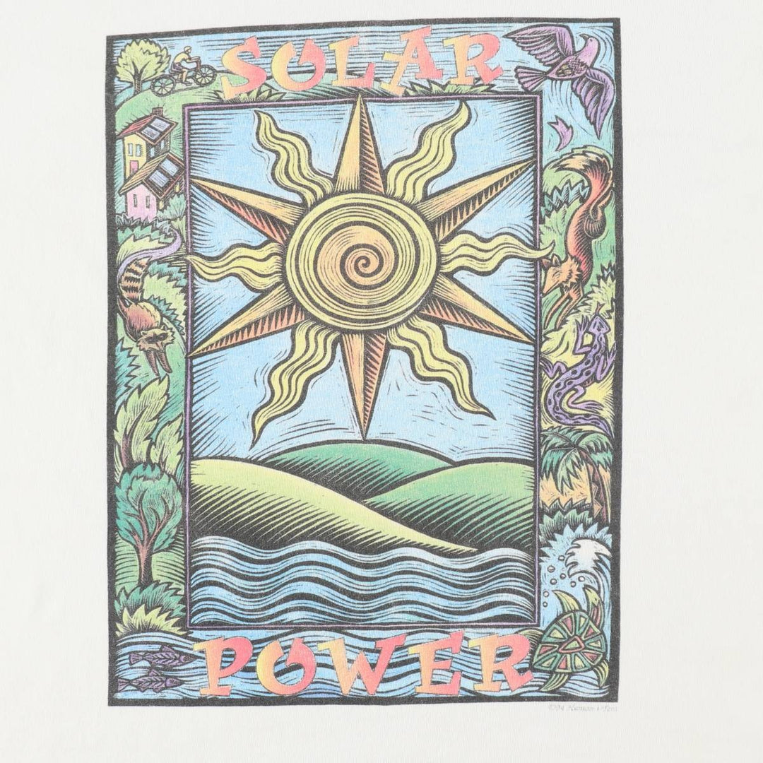 90'S Anvil Solar Power Print T-Shirt, Made in USA, Men's Size L (Equivalent), Vintage cotton white type Vintage Second Hand