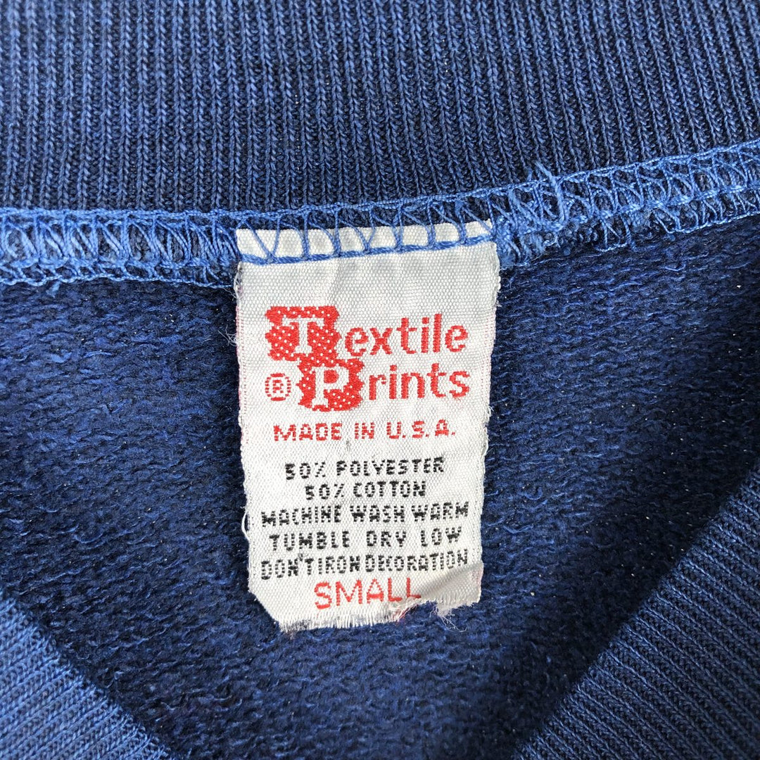 80'S Textile Prints College Sweatshirt, Made in USA, Men's Size S (Equivalent), Vintage polyester navy blue type Vintage Second Hand