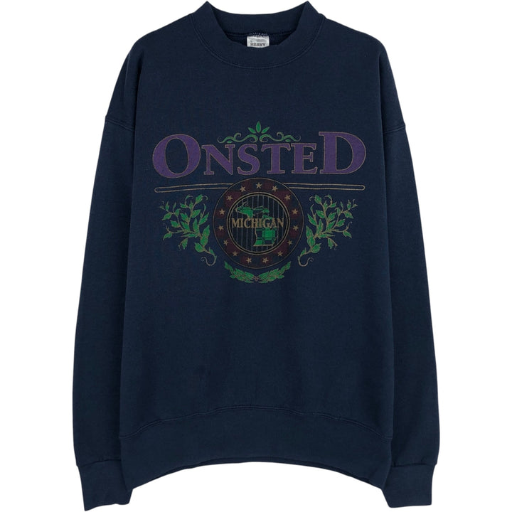 90'S Fruit of the Loom printed sweatshirt, made in the USA, men's size L, vintage cotton navy blue type Vintage Second Hand