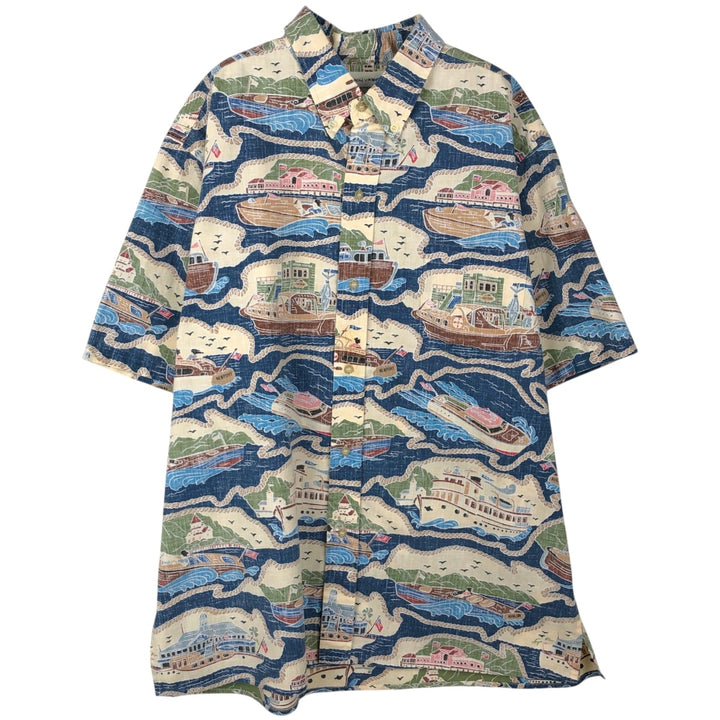 90'S Reyn Spooner DIETRICH VAREZ COLLECTION all-over print button-down Hawaiian Aloha shirt, made in Hawaii, men's size XL equivalent. cotton navy blue type Vintage Second Hand