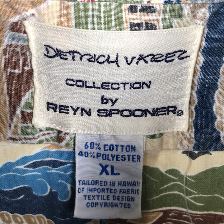 90'S Reyn Spooner DIETRICH VAREZ COLLECTION all-over print button-down Hawaiian Aloha shirt, made in Hawaii, men's size XL equivalent. cotton navy blue type Vintage Second Hand