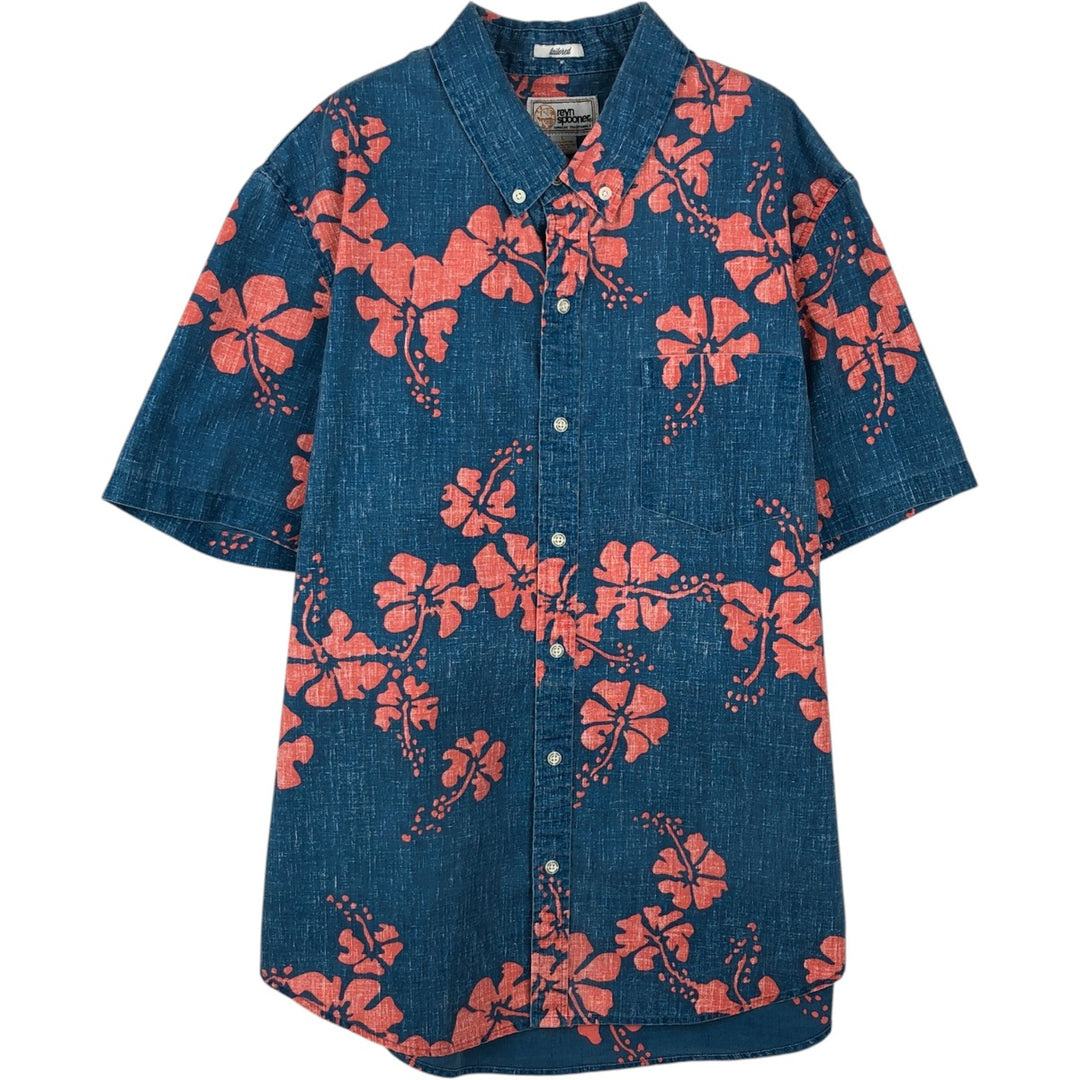 Reyn Spooner Replica Gold Tag Hibiscus Pattern Button-Down Hawaiian Aloha Shirt, Men's Size L (approx.) cotton navy blue type Vintage Second Hand