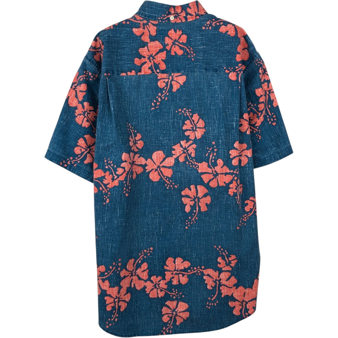 Reyn Spooner Replica Gold Tag Hibiscus Pattern Button-Down Hawaiian Aloha Shirt, Men's Size L (approx.) cotton navy blue type Vintage Second Hand
