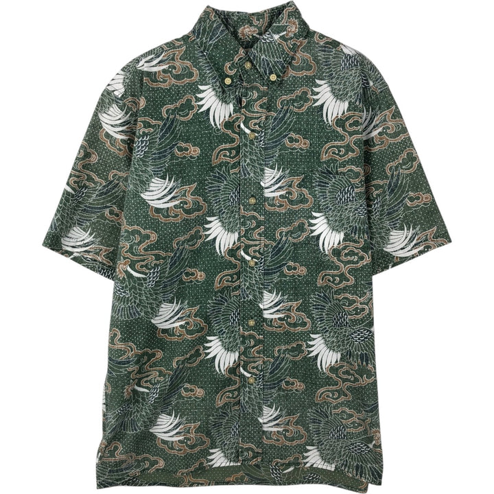 90'S Reyn Spooner swimwear tag, all-over print, Japanese pattern, bird pattern, button-down Hawaiian Aloha shirt, boxy shirt, men's size S (approx.) cotton green type Vintage Second Hand