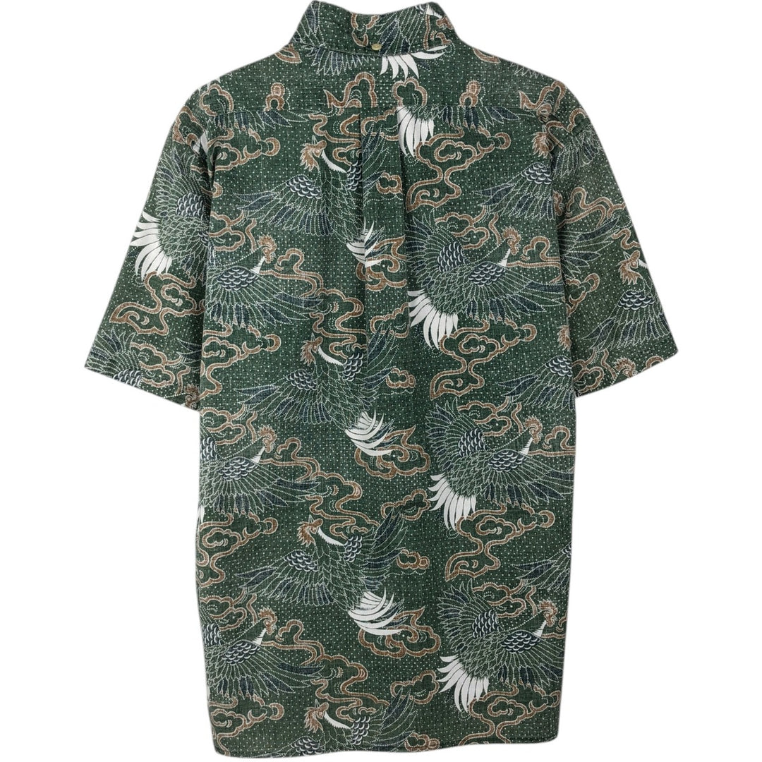 90'S Reyn Spooner swimwear tag, all-over print, Japanese pattern, bird pattern, button-down Hawaiian Aloha shirt, boxy shirt, men's size S (approx.) cotton green type Vintage Second Hand