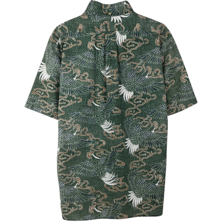 90'S Reyn Spooner swimwear tag, all-over print, Japanese pattern, bird pattern, button-down Hawaiian Aloha shirt, boxy shirt, men's size S (approx.) cotton green type Vintage Second Hand