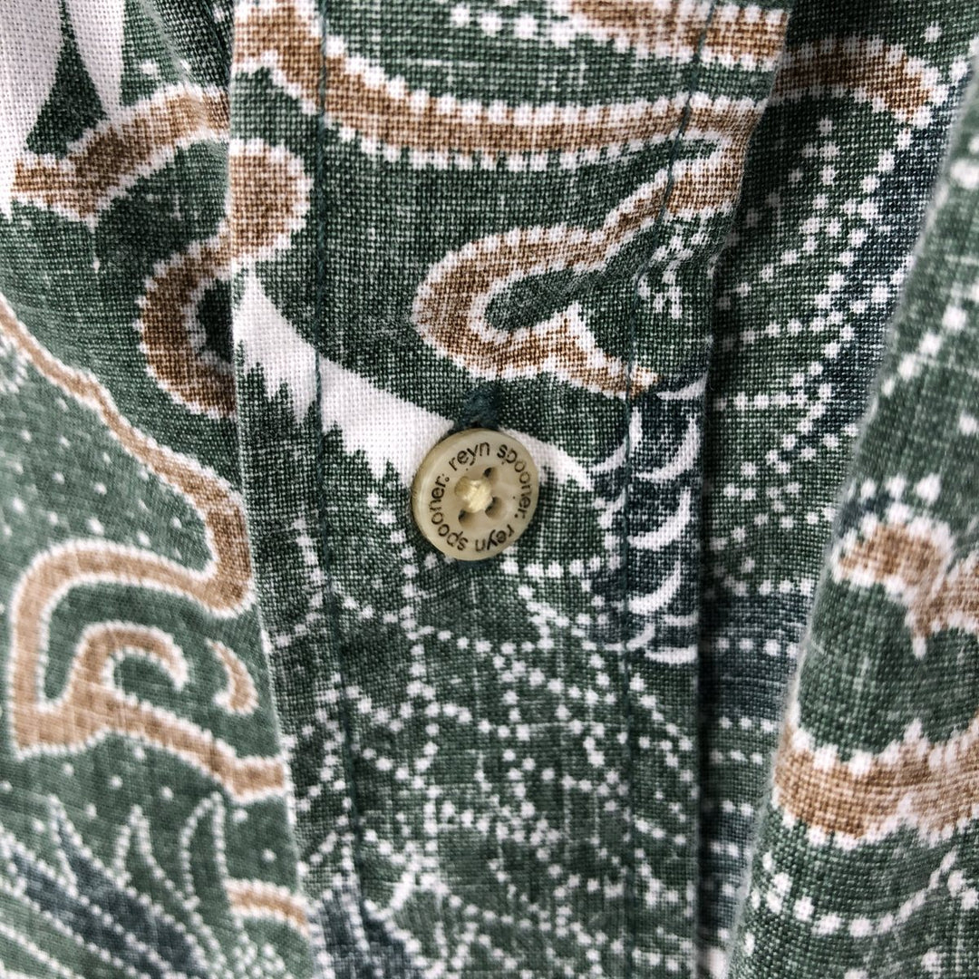 90'S Reyn Spooner swimwear tag, all-over print, Japanese pattern, bird pattern, button-down Hawaiian Aloha shirt, boxy shirt, men's size S (approx.) cotton green type Vintage Second Hand