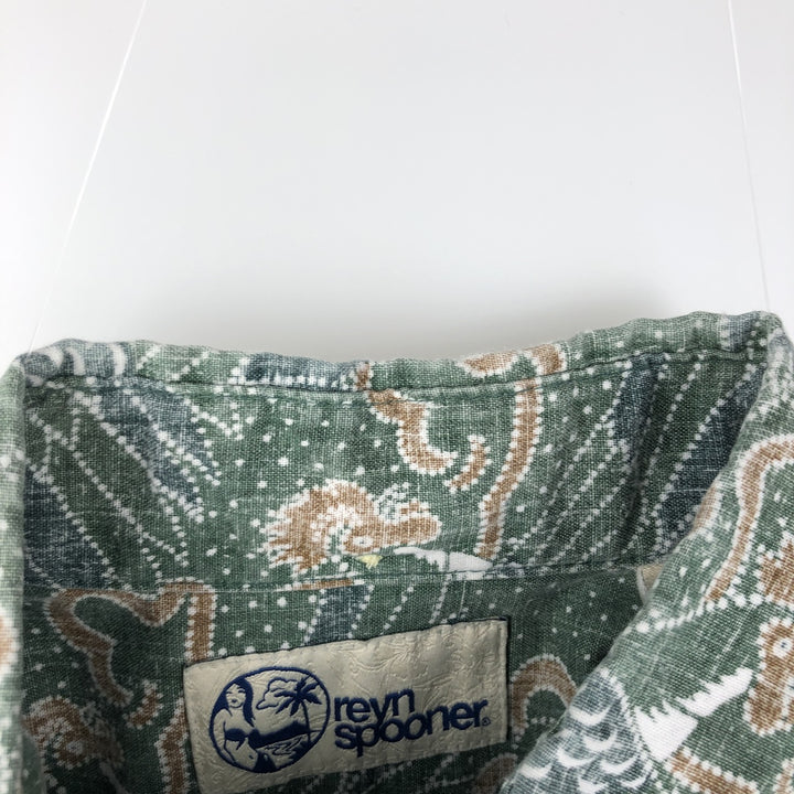 90'S Reyn Spooner swimwear tag, all-over print, Japanese pattern, bird pattern, button-down Hawaiian Aloha shirt, boxy shirt, men's size S (approx.) cotton green type Vintage Second Hand