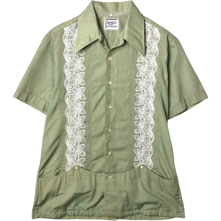 1970'S Van Heusen Short-Sleeve Open-Collar Mexican Shirt / Cuban Shirt / Boxy Shirt / Men's Size M (approx.) unclear Khaki type sage green Vintage Second Hand