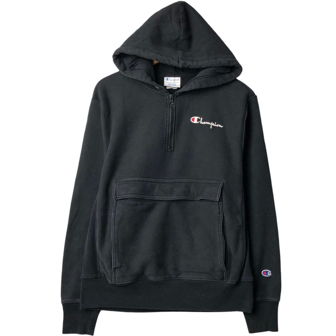 Champion sweatshirt half-zip hoodie, men's size M (approx.) cotton black type Vintage Second Hand