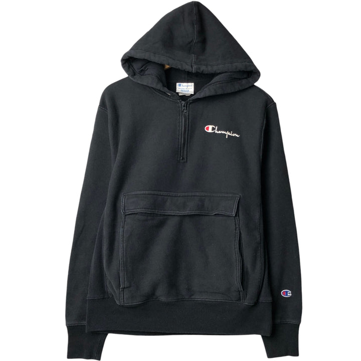 Champion sweatshirt half-zip hoodie, men's size M (approx.) cotton black type Vintage Second Hand