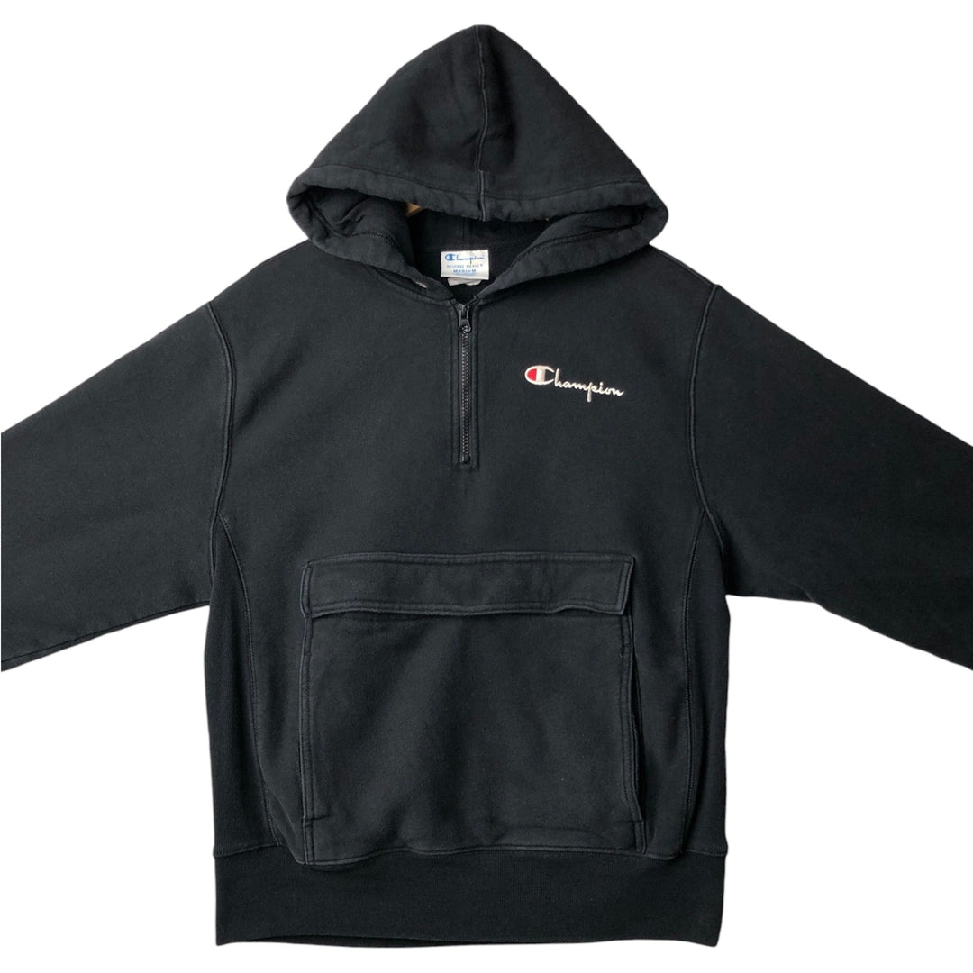 Champion sweatshirt half-zip hoodie, men's size M (approx.) cotton black type Vintage Second Hand