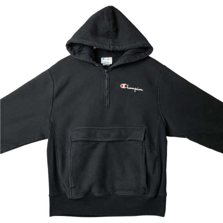 Champion sweatshirt half-zip hoodie, men's size M (approx.) cotton black type Vintage Second Hand