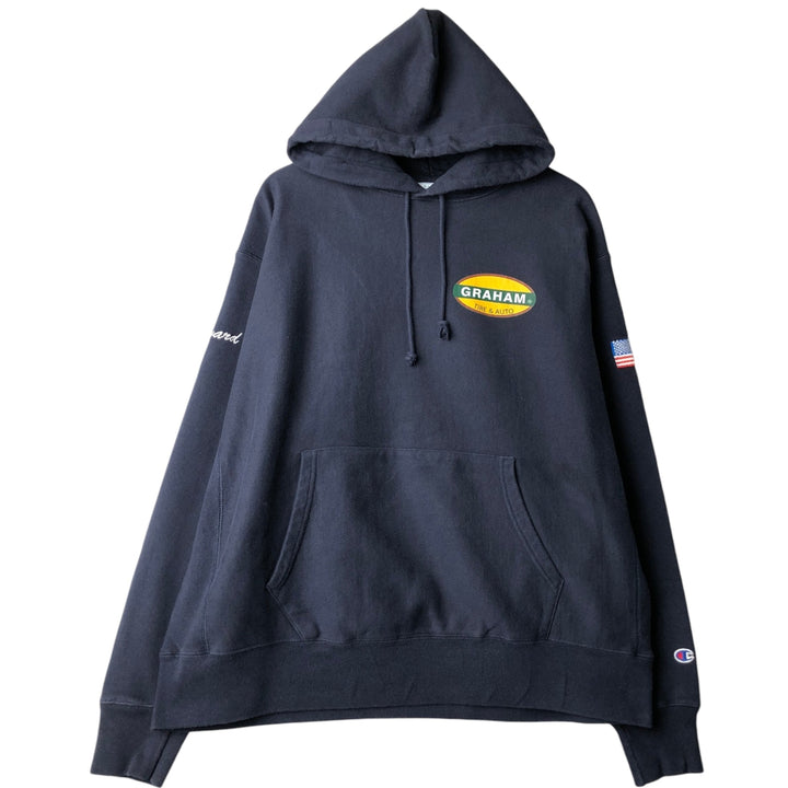 Champion Reverse Weave Graham Tire And Auto Stars and Stripes Advertising Pullover Hoodie (Men's XL equivalent) cotton navy blue type Vintage Second Hand