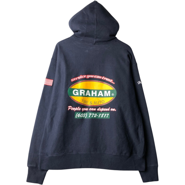 Champion Reverse Weave Graham Tire And Auto Stars and Stripes Advertising Pullover Hoodie (Men's XL equivalent) cotton navy blue type Vintage Second Hand