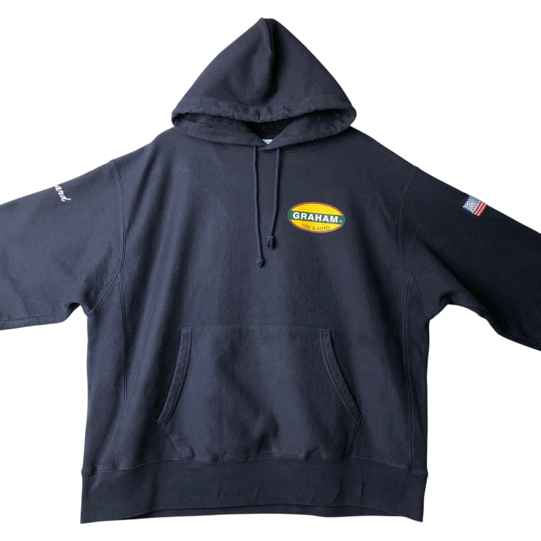 Champion Reverse Weave Graham Tire And Auto Stars and Stripes Advertising Pullover Hoodie (Men's XL equivalent) cotton navy blue type Vintage Second Hand