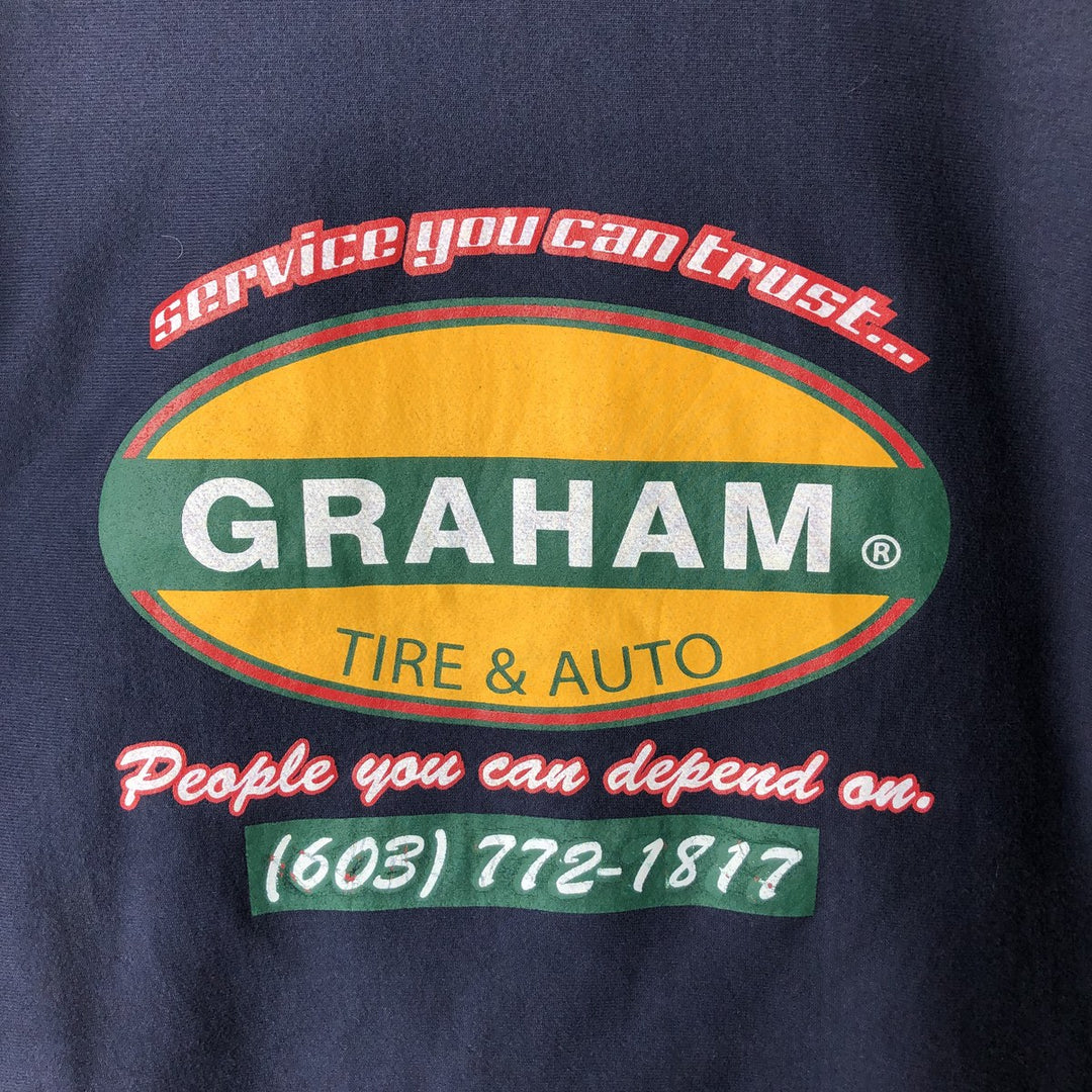 Champion Reverse Weave Graham Tire And Auto Stars and Stripes Advertising Pullover Hoodie (Men's XL equivalent) cotton navy blue type Vintage Second Hand