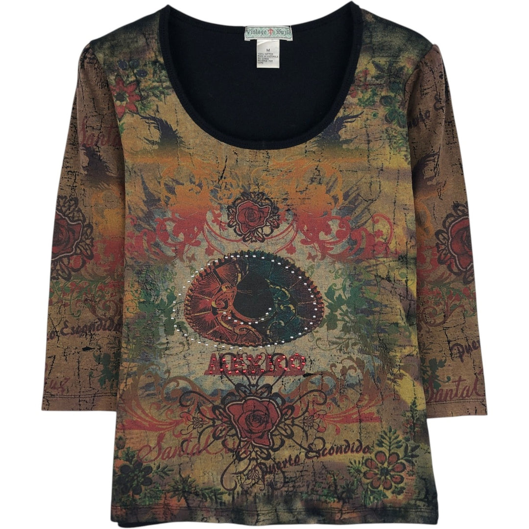 Vintage Suzie 3/4 Sleeve Long T-Shirt with Studs and Rhinestones, All-Over Print, Women's Size M (approx.) cotton Khaki type Vintage Second Hand
