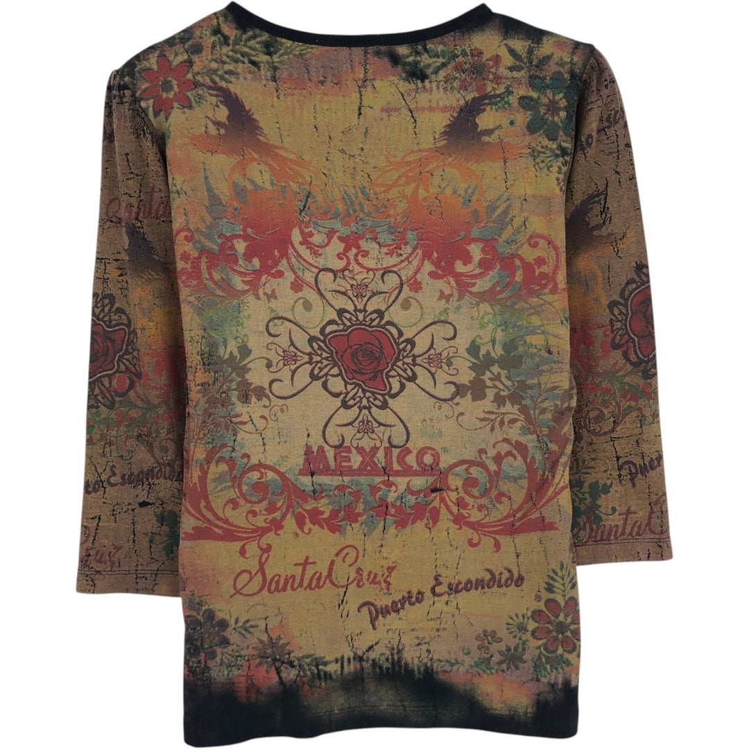Vintage Suzie 3/4 Sleeve Long T-Shirt with Studs and Rhinestones, All-Over Print, Women's Size M (approx.) cotton Khaki type Vintage Second Hand