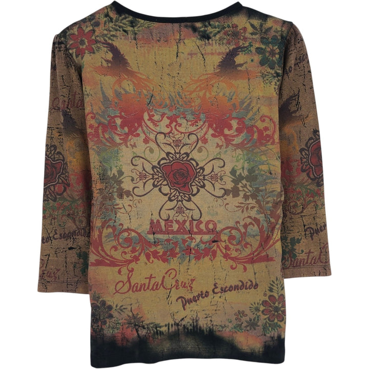 Vintage Suzie 3/4 Sleeve Long T-Shirt with Studs and Rhinestones, All-Over Print, Women's Size M (approx.) cotton Khaki type Vintage Second Hand