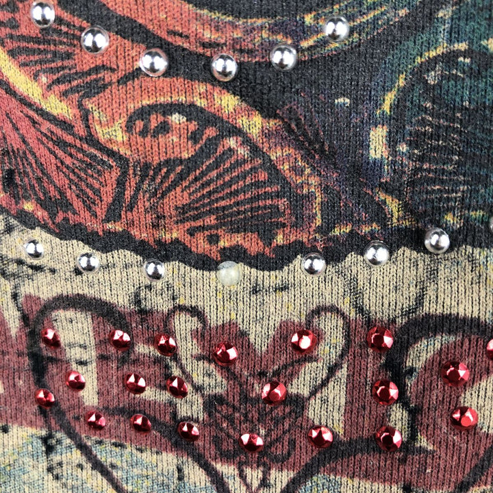 Vintage Suzie 3/4 Sleeve Long T-Shirt with Studs and Rhinestones, All-Over Print, Women's Size M (approx.) cotton Khaki type Vintage Second Hand