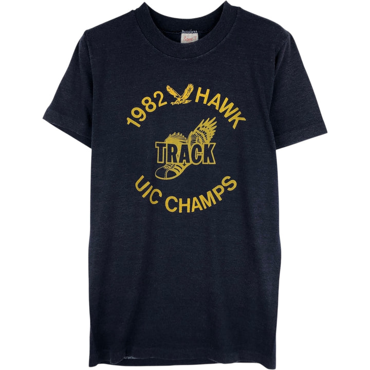 80'S Stedman Sport-T College T-Shirt, Made in USA, Men's Size S (Equivalent), Vintage polyester navy blue type Vintage Second Hand