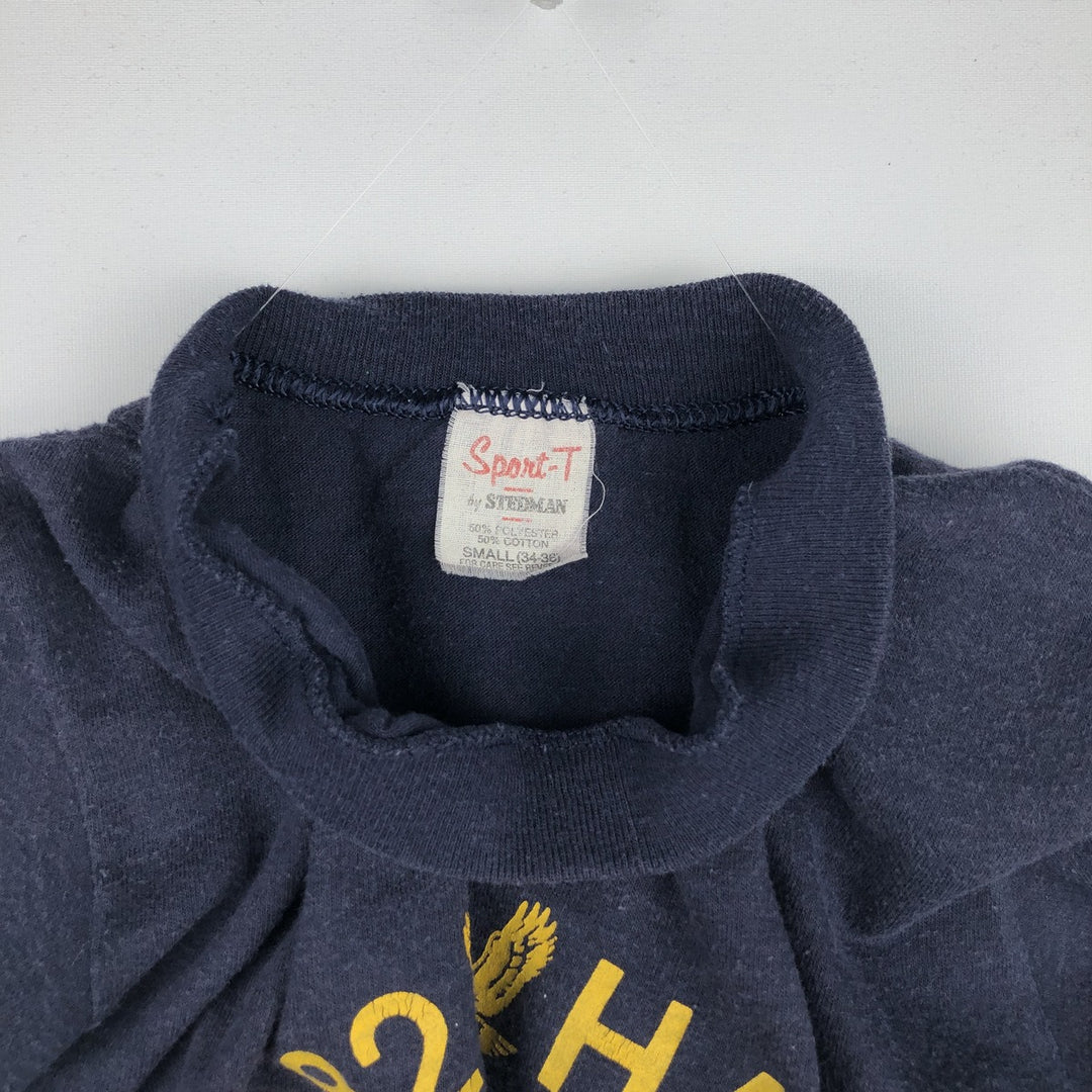 80'S Stedman Sport-T College T-Shirt, Made in USA, Men's Size S (Equivalent), Vintage polyester navy blue type Vintage Second Hand