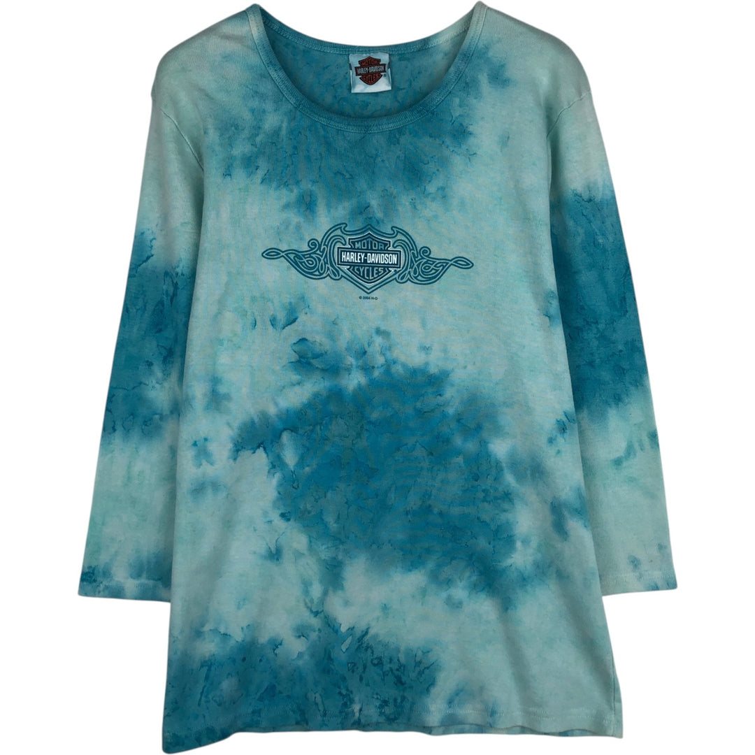 Big Size 2000'S Harley-Davidson Tie-Dye Pattern Motorcycle 3/4 Sleeve Long T-Shirt (Women's XXXL equivalent) cotton Blue type light blue Vintage Second Hand