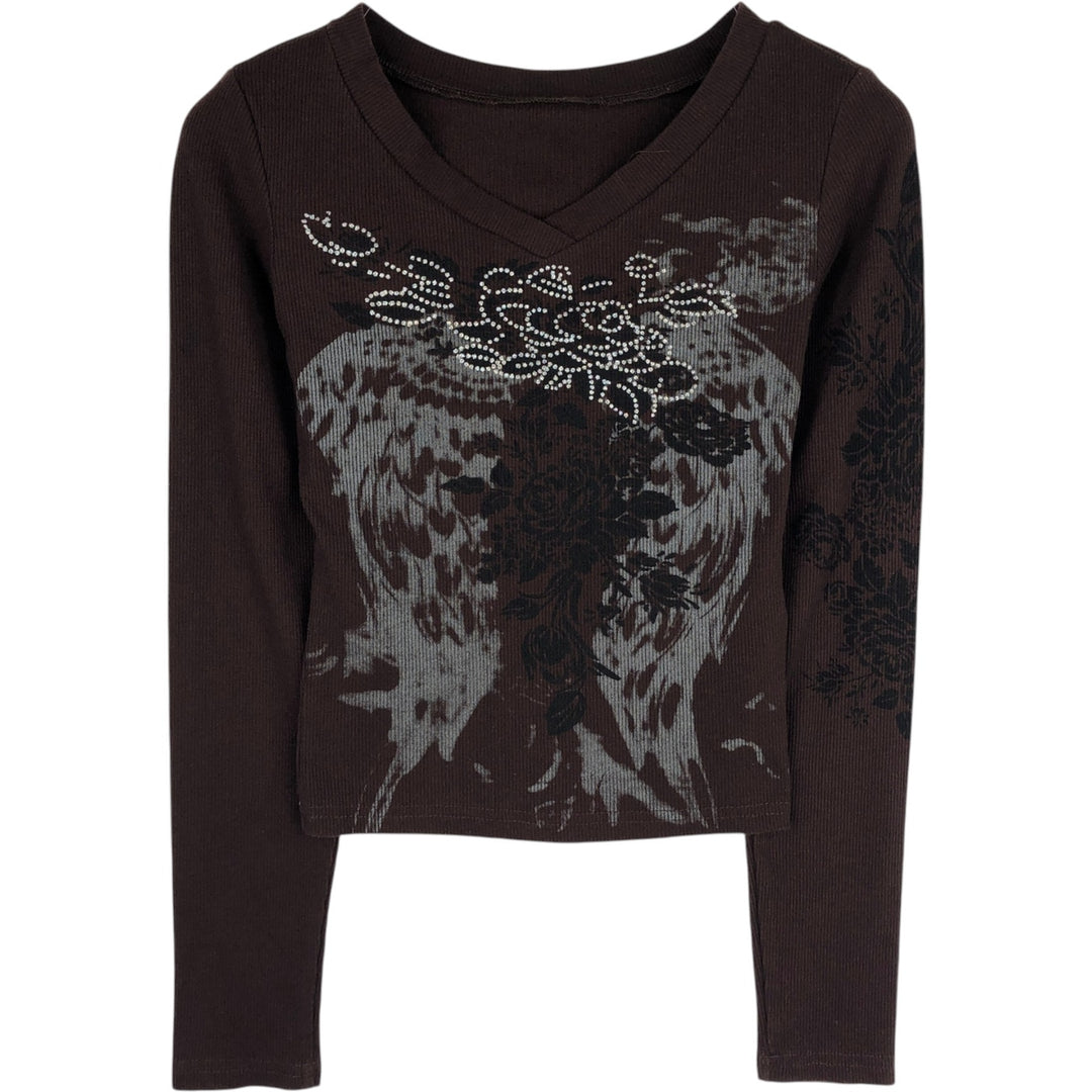 Cropped V-neck Long T-shirt (Women's XS equivalent) polyester dark chocolate Vintage Second Hand